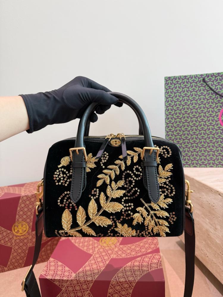 Tory Burch Gold Embellished Barrel Bag in Black