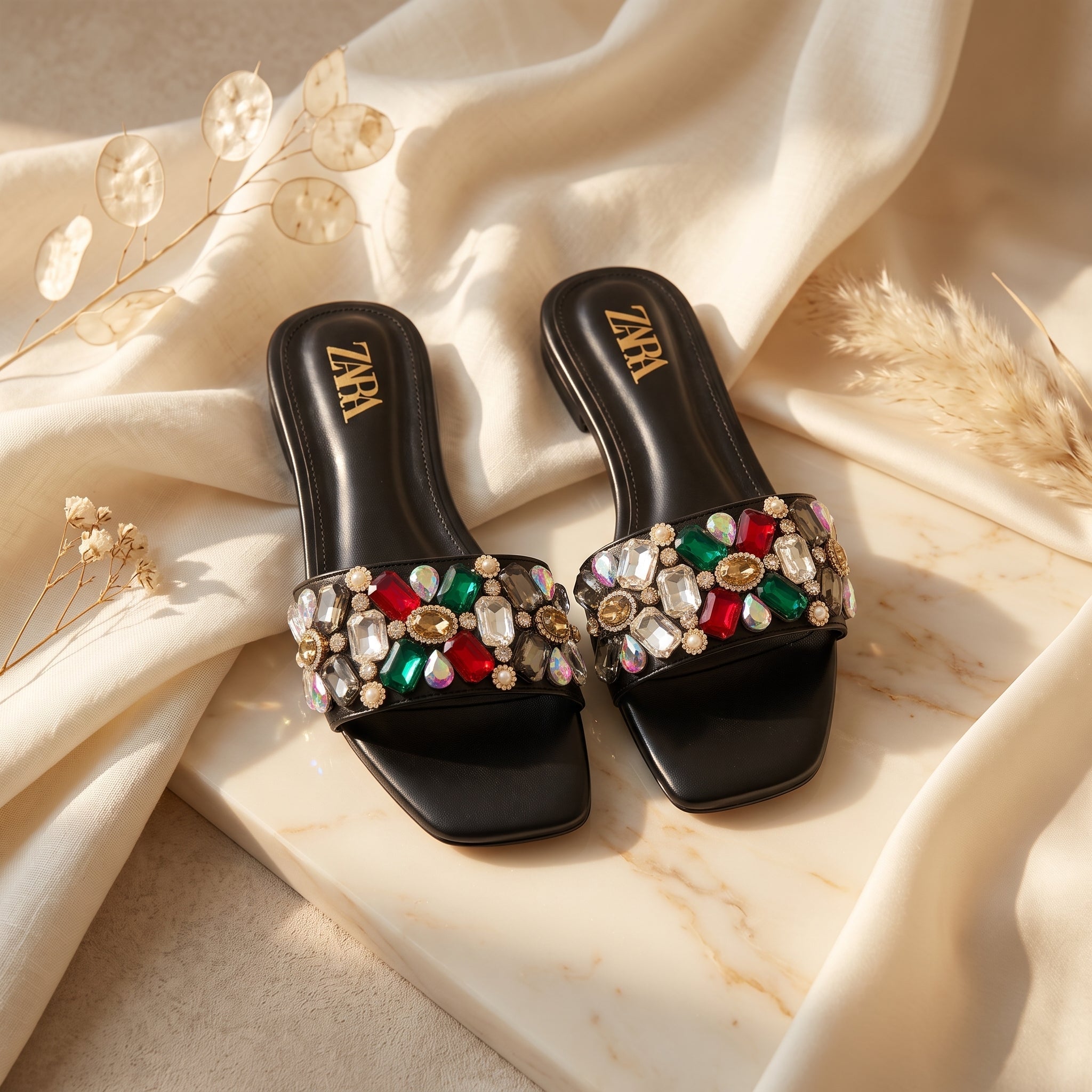 Flat slide sandal studio photo