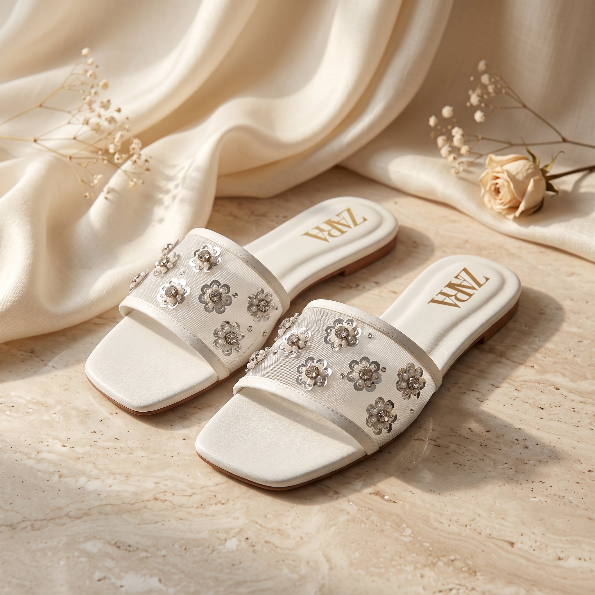 Flat slide sandal studio photo