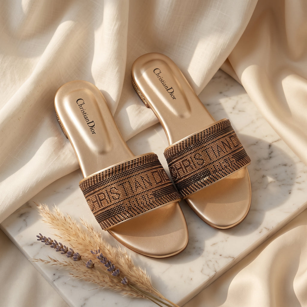 Flat slide sandal studio photo