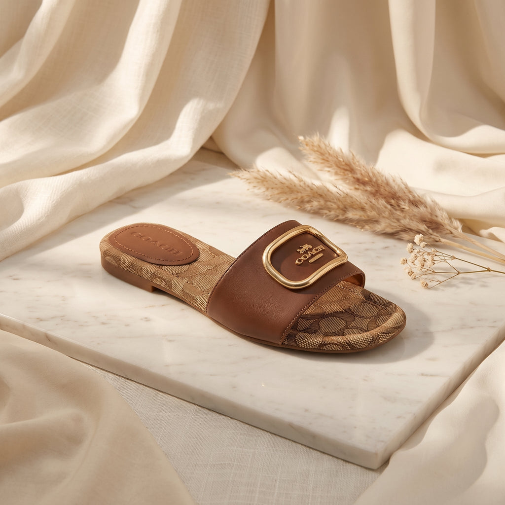 Flat slide sandal studio photo