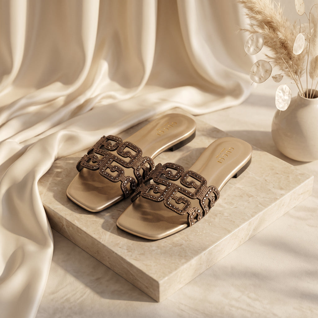 Flat slide sandal studio photo