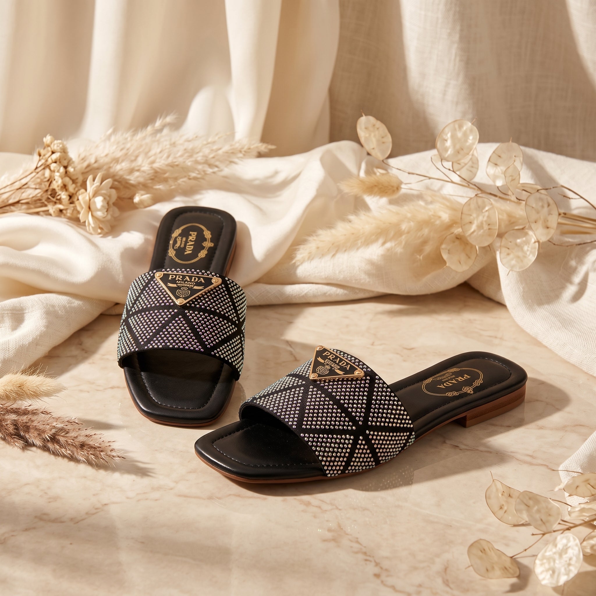 Flat slide sandal studio photo