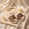 Flat slide sandal studio photo