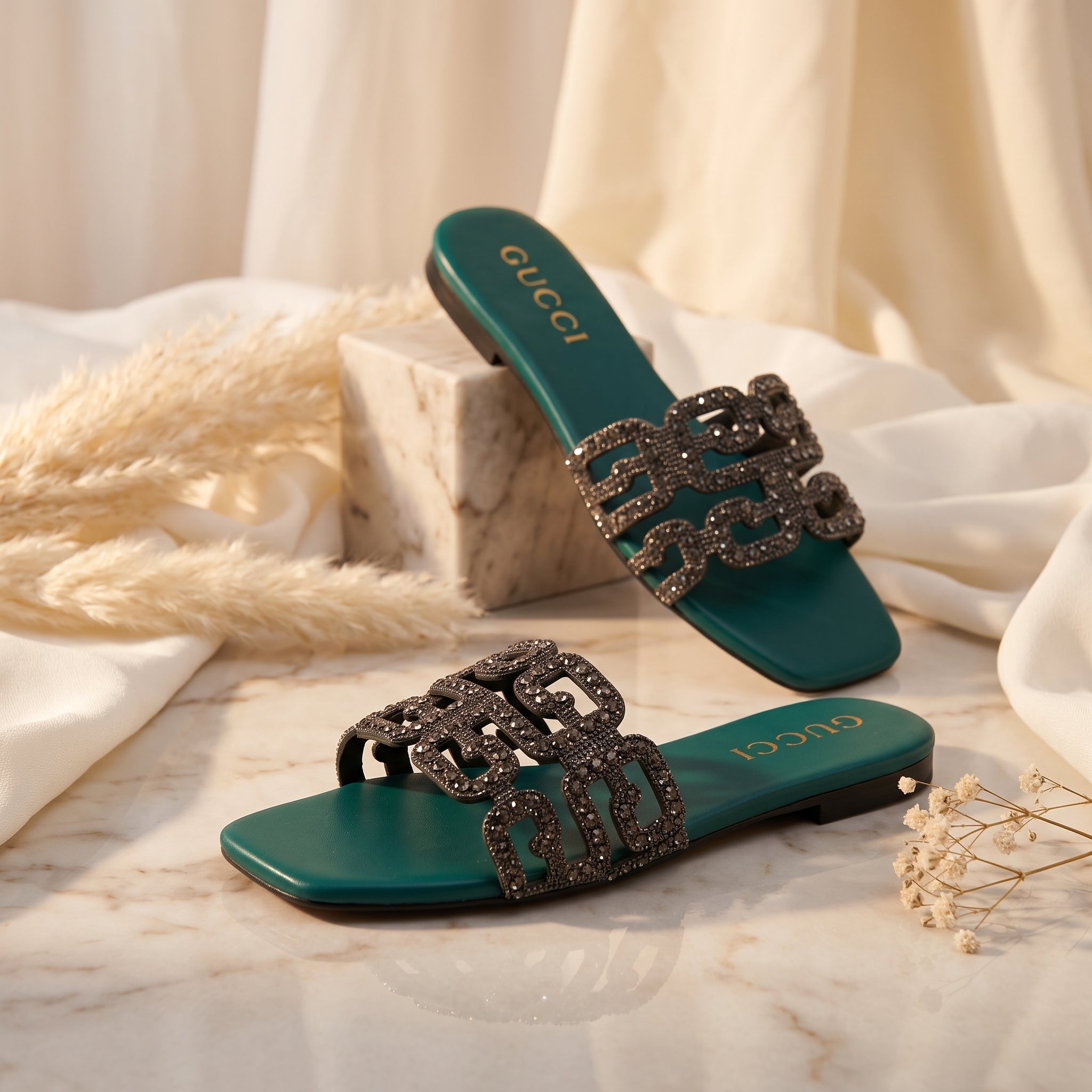 Flat slide sandal studio photo