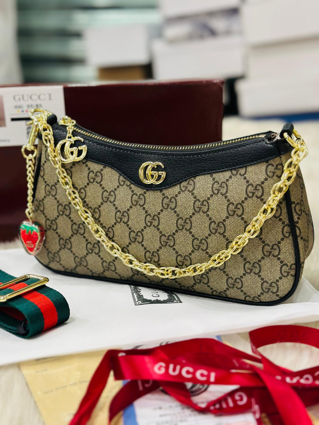 Gucci Ophidia Bag in Beige and Dark brown