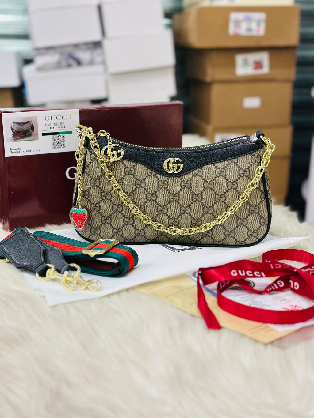 Gucci Ophidia Bag in Beige and Dark brown