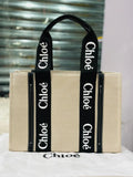 Chloé Medium Woody Tote Bag in linen canvas with Black Logo