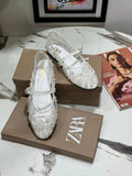 Zara Ballerina Flower Embroidered Pumps White