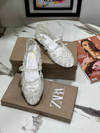 Zara Ballerina Flower Embroidered Pumps White