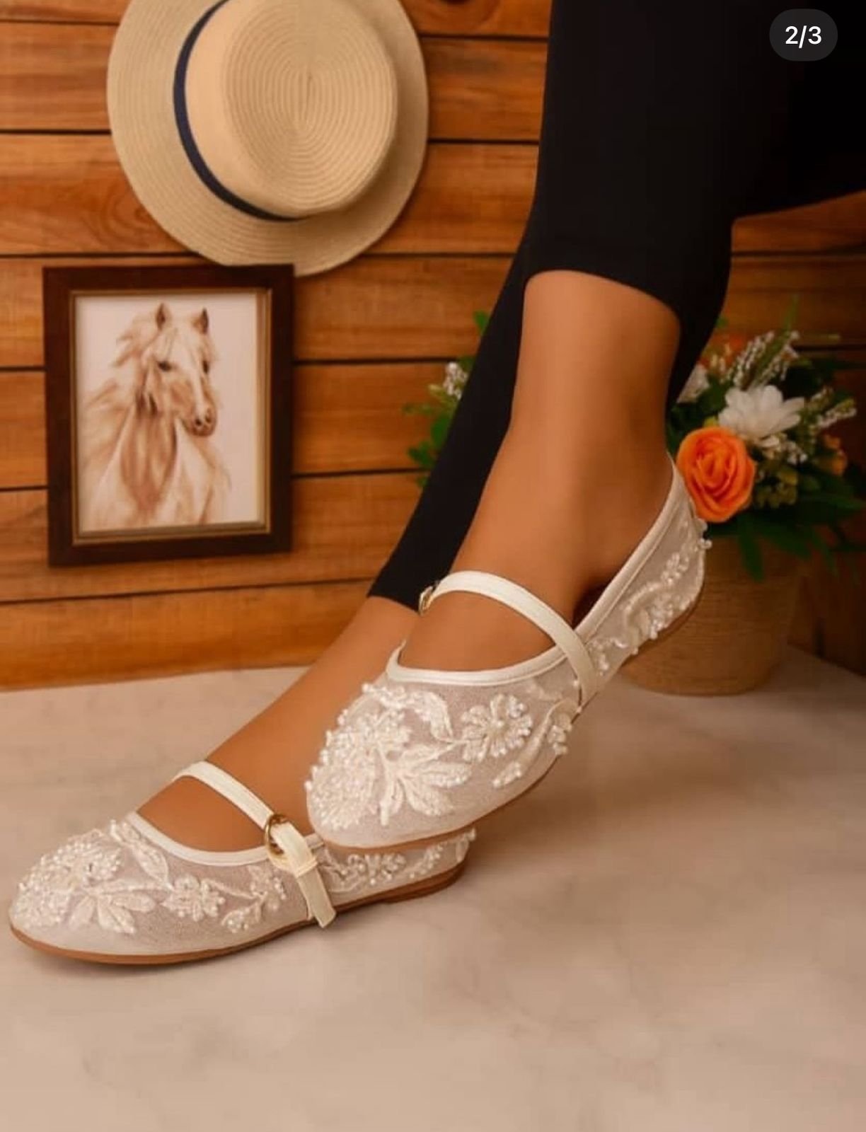 Zara Ballerina Flower Embroidered Pumps White