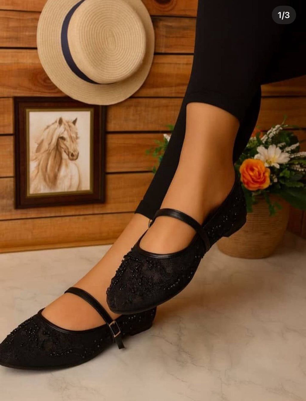 Zara Ballerina Flower Embroidered Pumps Black