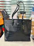 Coach large Mollie Tote Bag in Black Crocodile-Embossed Leather.