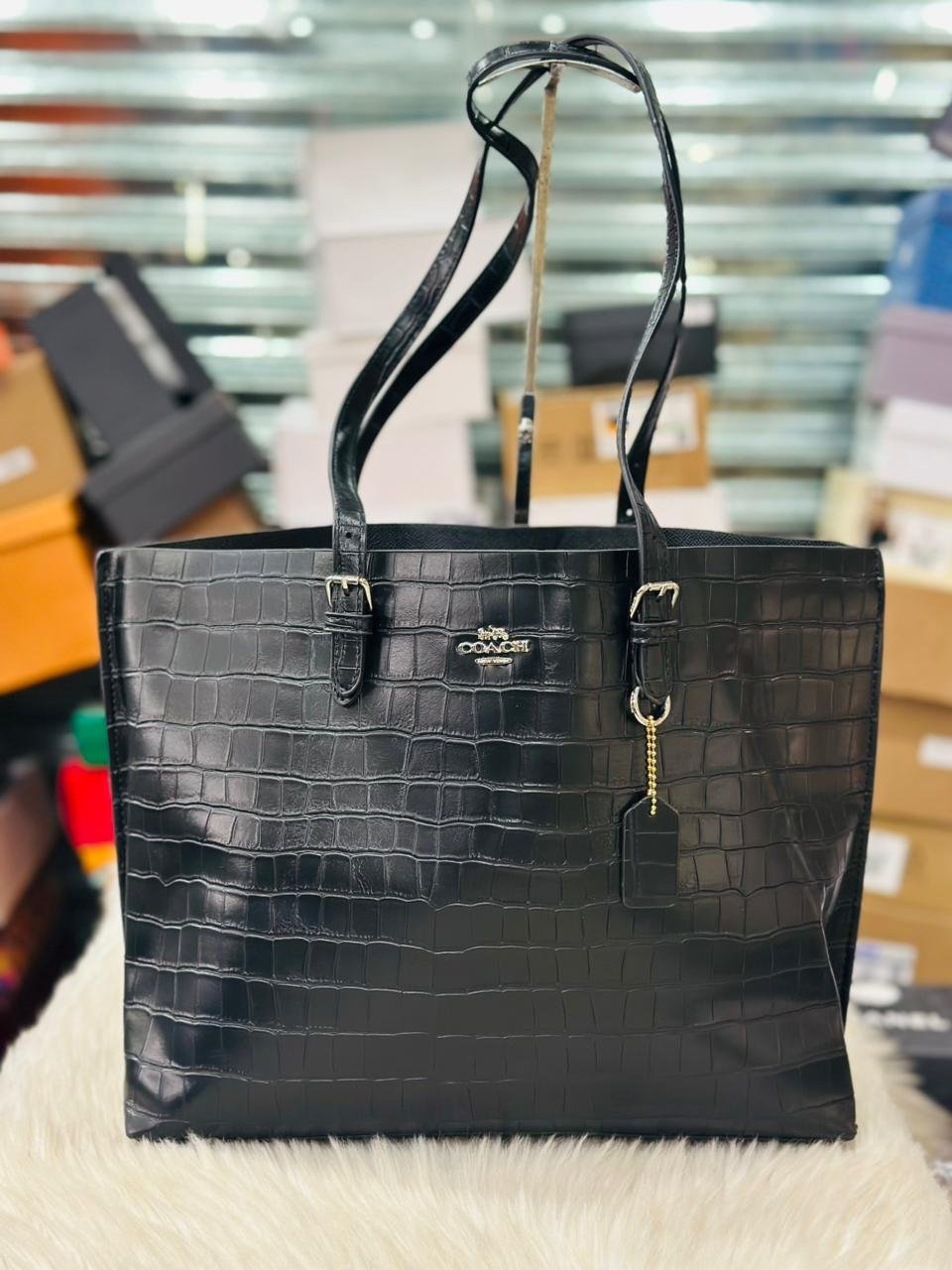 Coach large Mollie Tote Bag in Black Crocodile-Embossed Leather.