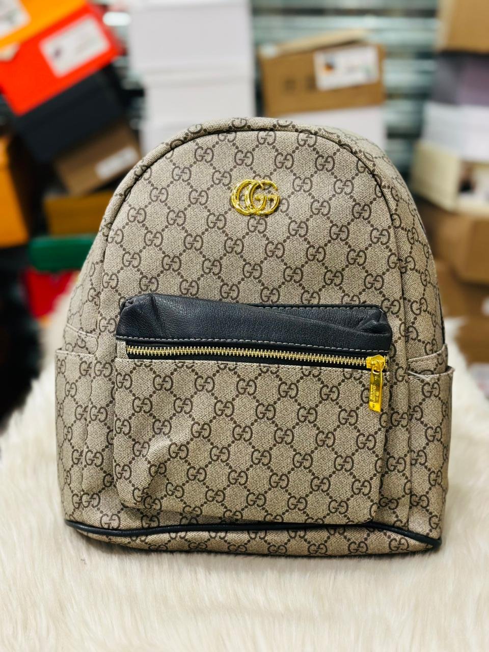 Beige and Black Gucci GG Canvas Backpack