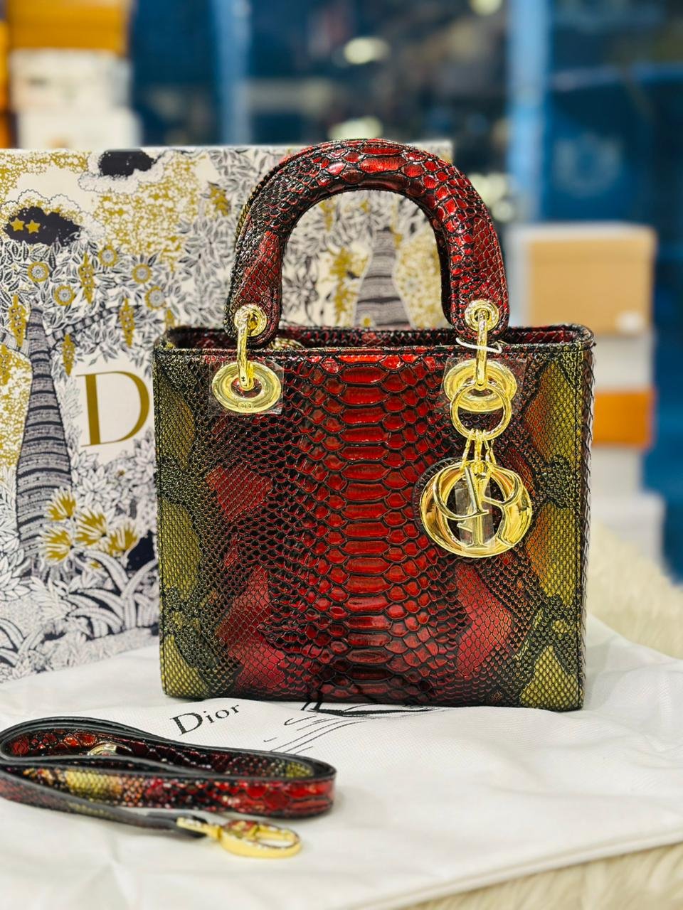 Christian Dior Medium Sized Bag in Red Lizard Leather