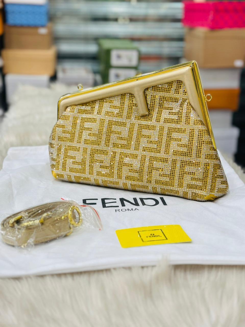 Fendi First Small Bag in Gold Craquelé-Effect