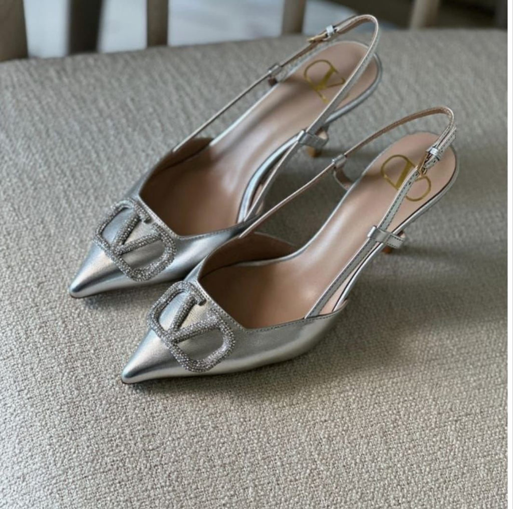 Valentino Garavani Slingback Heels in Metallic Silver