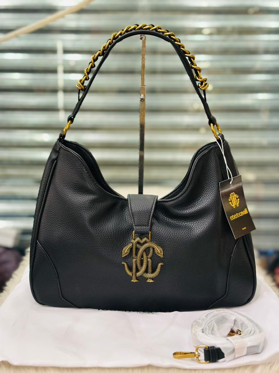 Roberto Cavalli Shoulder Bag in Black Leather