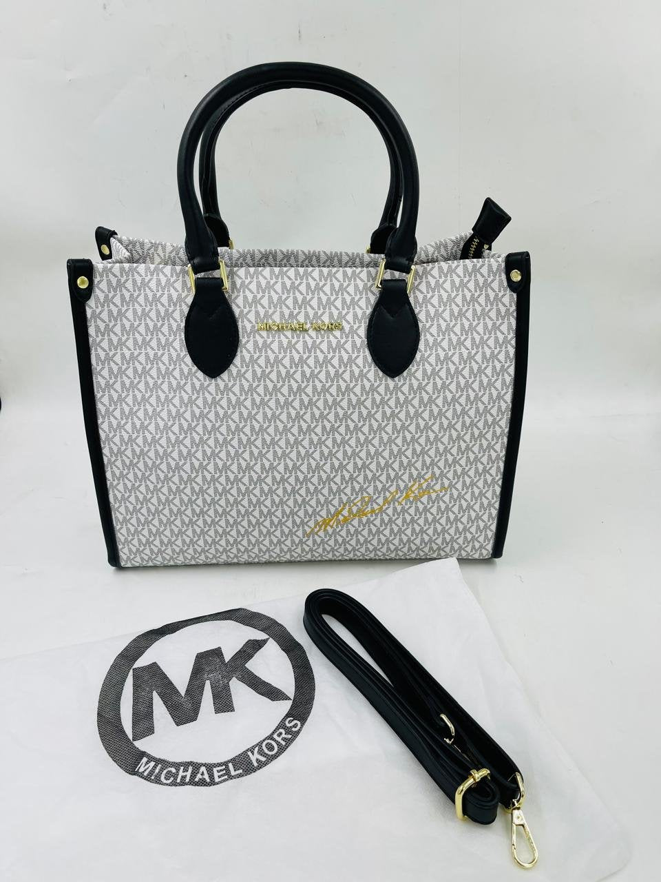 White and Black Monogram Tote Bag by Michael Kors