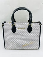 White and Black Monogram Tote Bag by Michael Kors