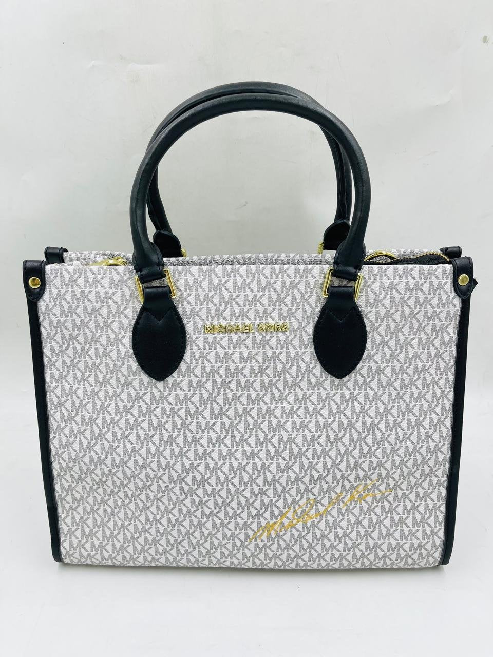 White and Black Monogram Tote Bag by Michael Kors
