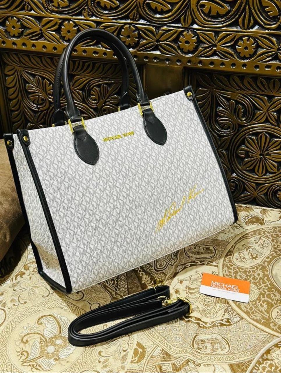 White and Black Monogram Tote Bag by Michael Kors