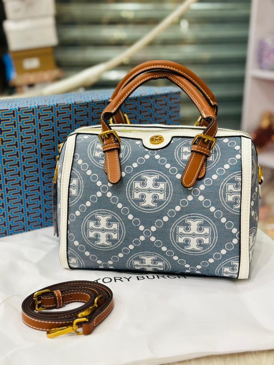 Tory Burch T Monogram Denim Petite Barrel Bag