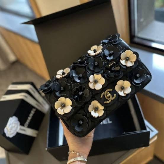 Chanel Flap Bag with Gold &amp; Black Camellia Flowers