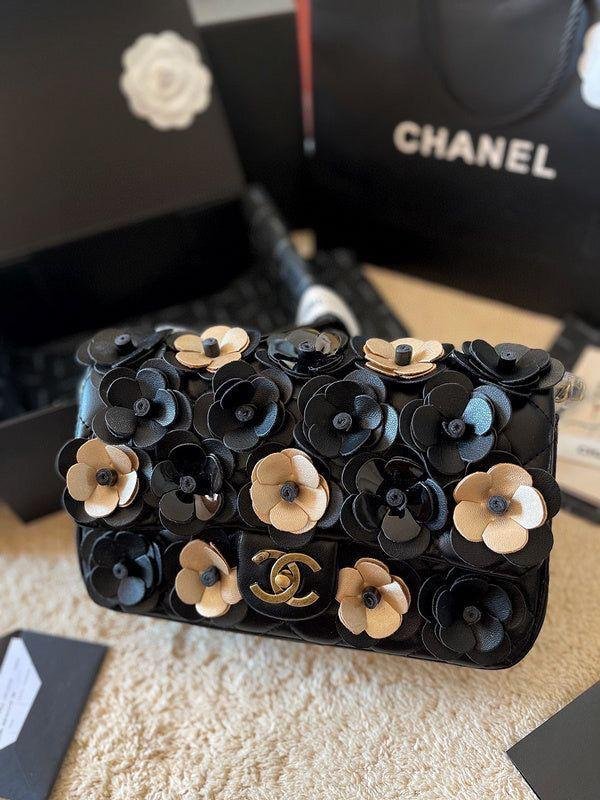 Chanel Flap Bag with Gold &amp; Black Camellia Flowers