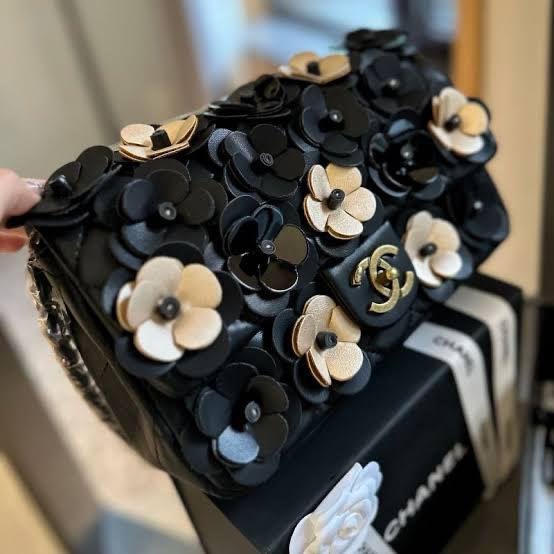 Chanel Flap Bag with Gold &amp; Black Camellia Flowers
