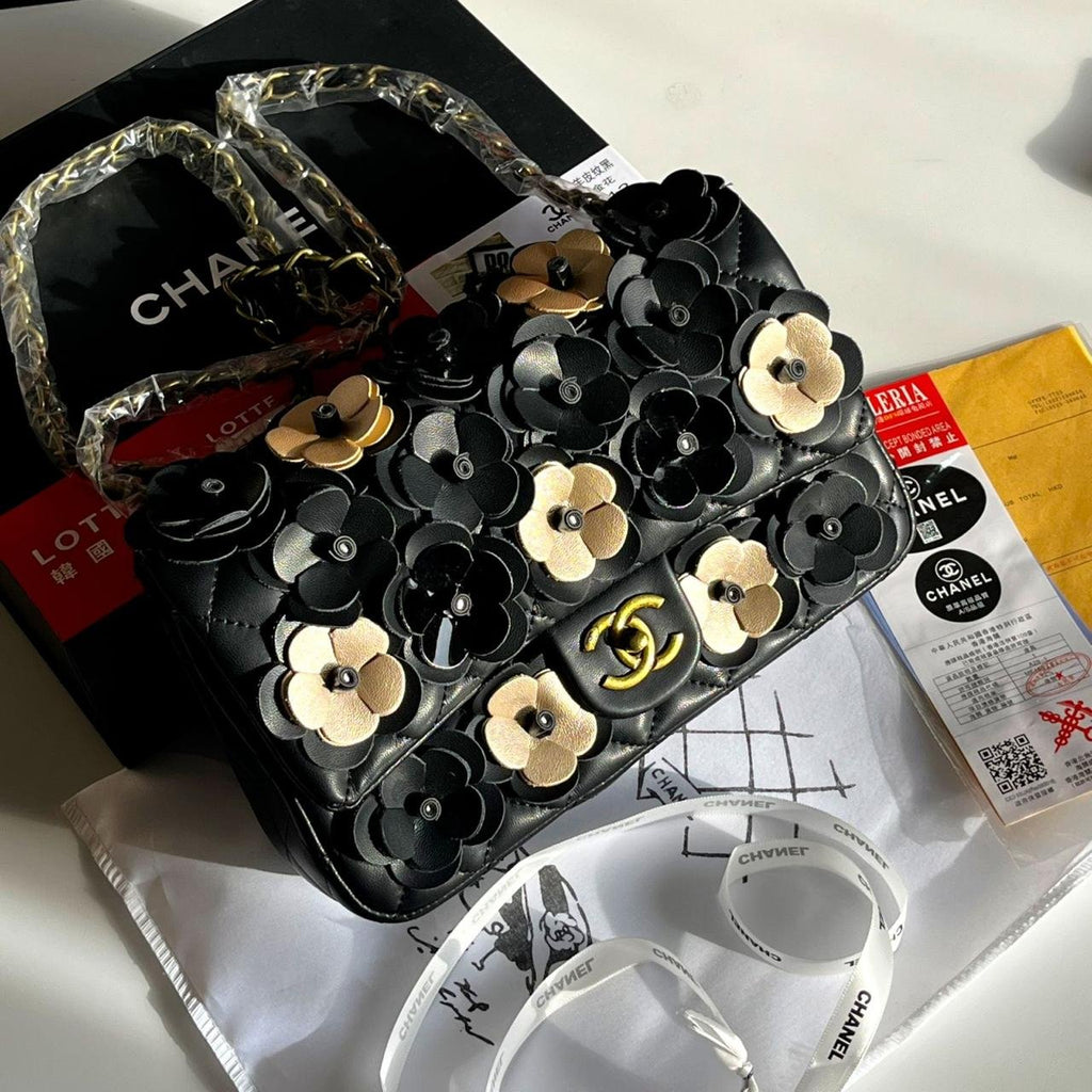Chanel Flap Bag with Gold &amp; Black Camellia Flowers