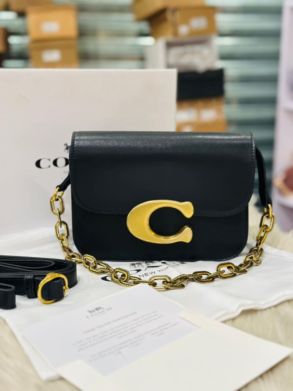 Coach Idol Luxe Leather Shoulder Bag in Black