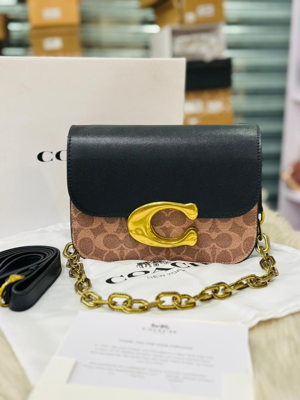 Coach Idol Luxe Leather Shoulder Bag in Black &amp; Brown