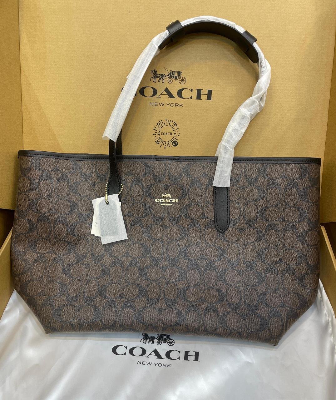 Coach City Tote Bag in Signature Canvas with Brown and Black
