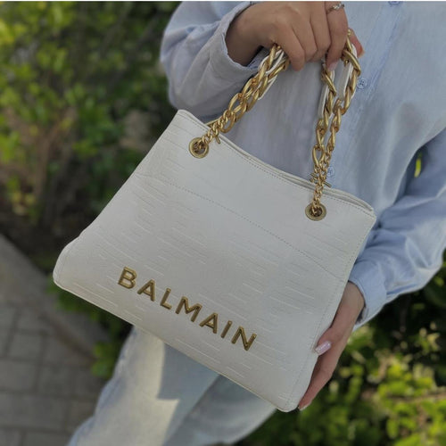 Balmain 1945 Soft Leather Tote Bag in White