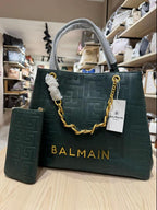 Balmain 1945 Soft Leather Tote Bag in Green