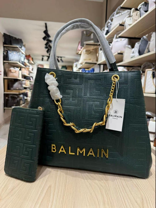 Balmain 1945 Soft Leather Tote Bag in Green