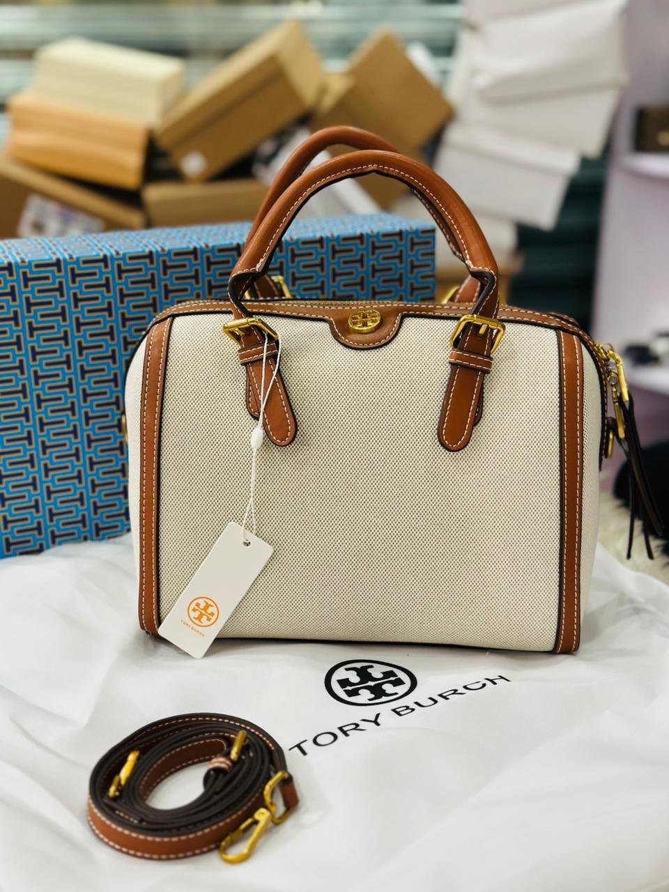 Tory Burch T Barrel Bag in Beige &amp; Brown