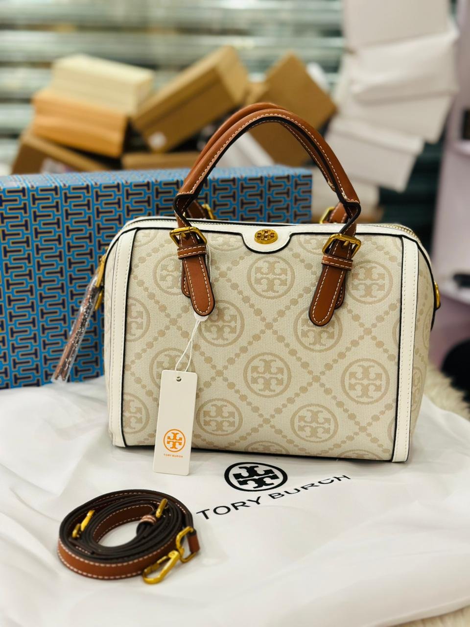 Tory Burch T Barrel Bag in Brown Leather Trim