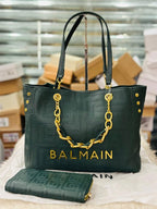 Balmain 1945 Soft Leather Tote Bag in Green