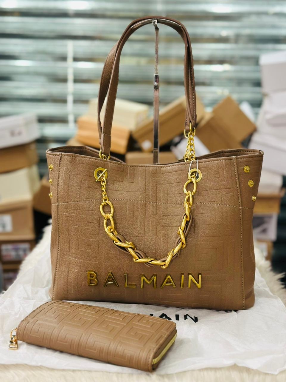 Balmain 1945 Soft Leather Tote Bag in Apricot