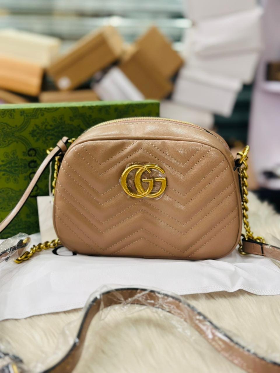 Gucci GG Small Matelassé Shoulder Bag in Apricot