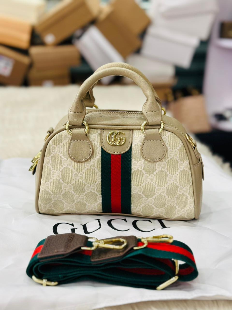 Gucci Ophidia Mini Top Handle Bag in Beige