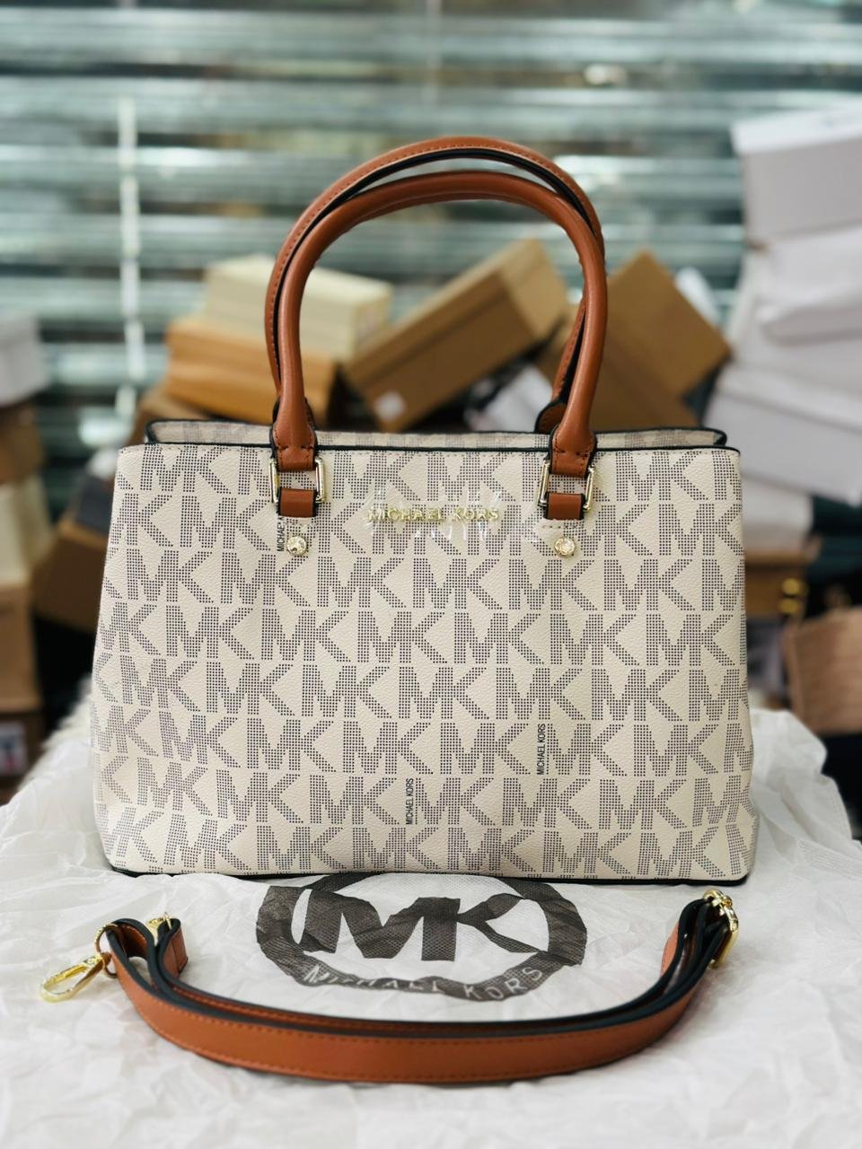 Michael Kors Laila Small Logo Satchel in Vanilla