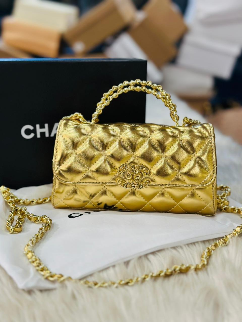 Chanel 19 Flap Bag in Gold Quilted Lambskin