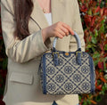 Tory Burch T Barrel Bag in Navy Blue Leather Trim