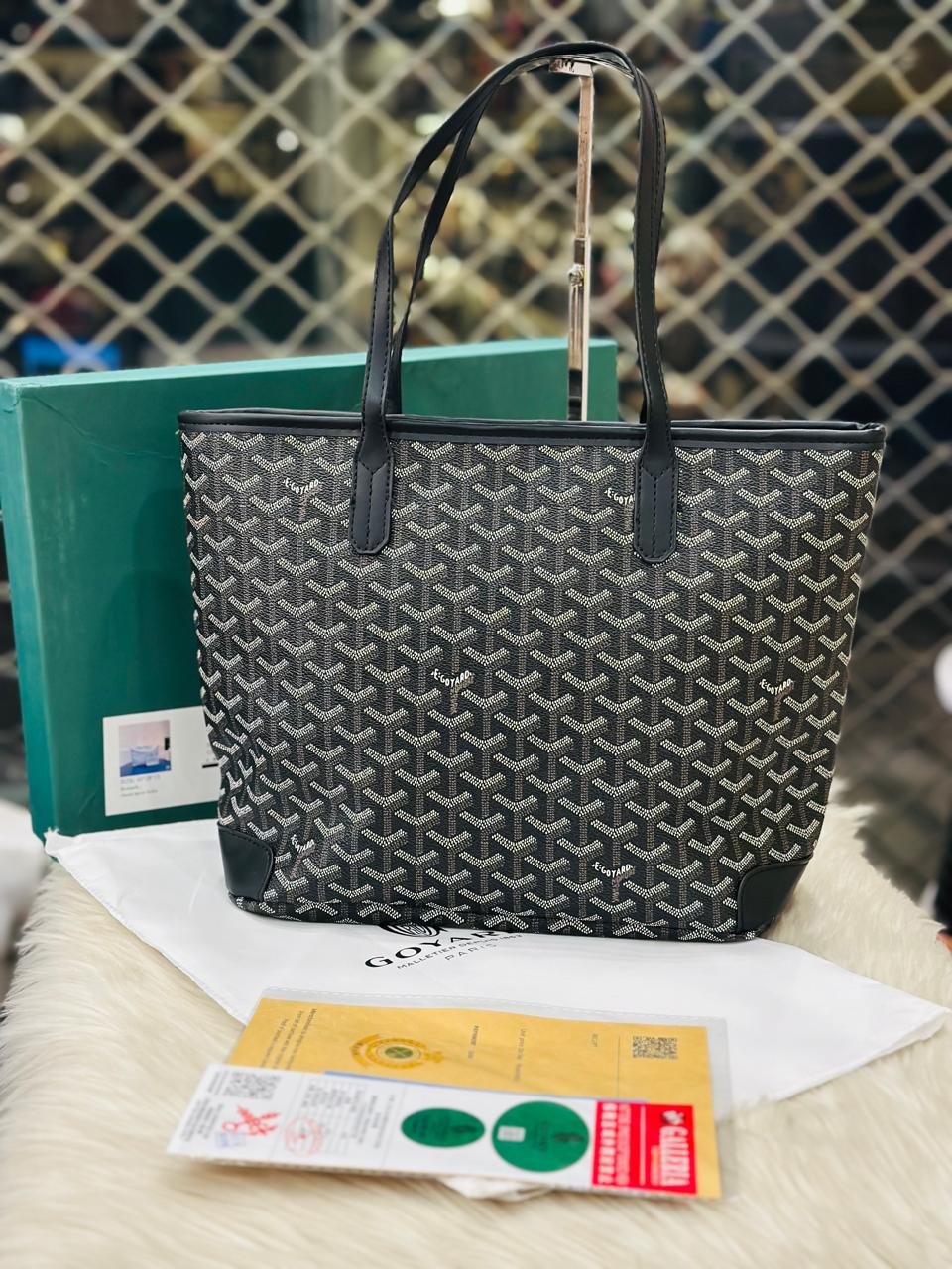 Goyard Tote Bag with Black Leather Trim