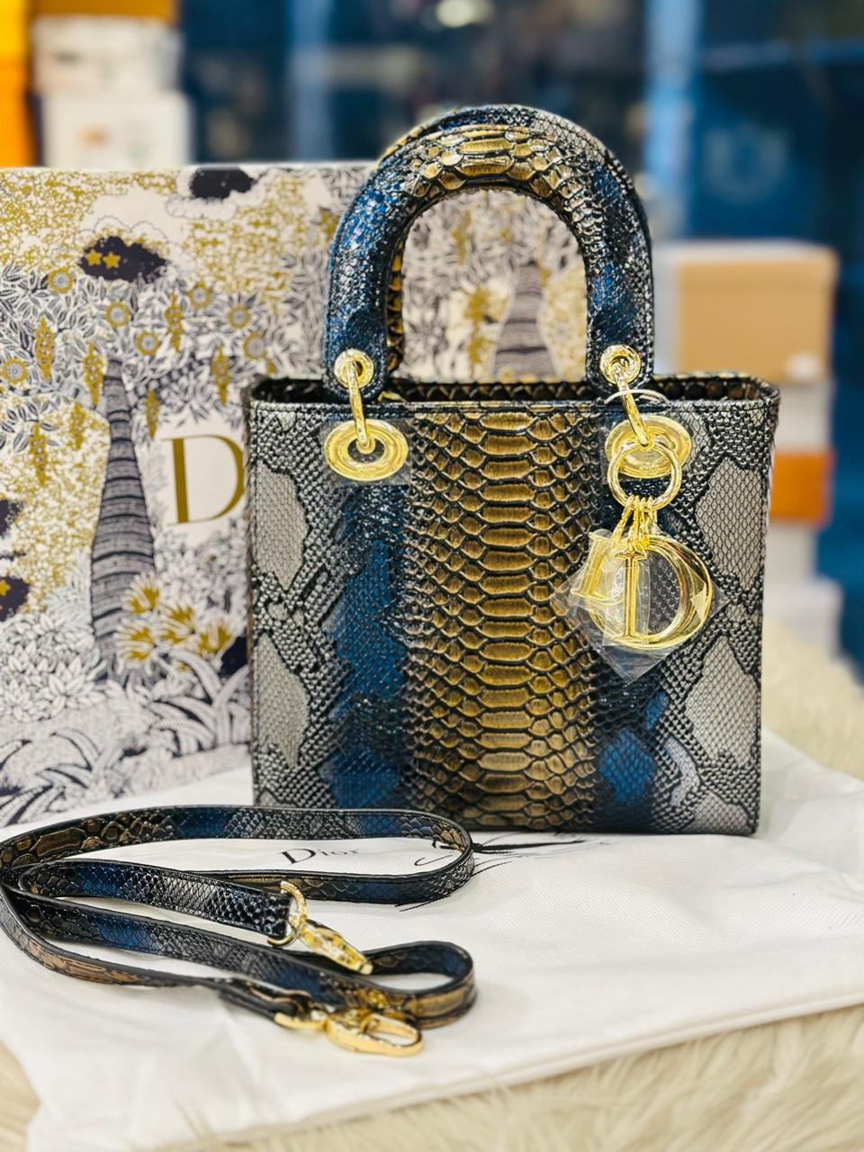 Christian Dior Lady Dior Handbag in Metallic Python