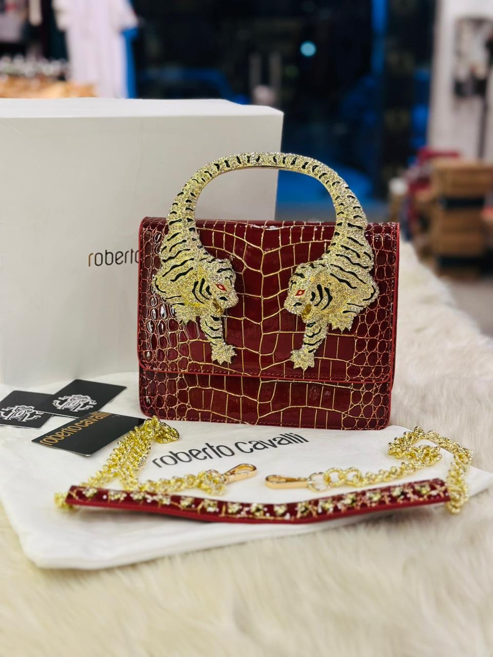 Roberto Cavalli Red Crocodile-Print Leather Roar Bag